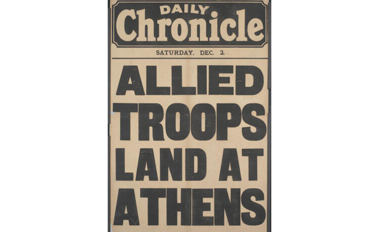 3. Πρωτοσέλιδο της Daily Telegraph στις 2 Δεκεμβρίου 1916 με τίτλο «Συμμαχικά στρατεύματα αποβιβάζονται στην Αθήνα»